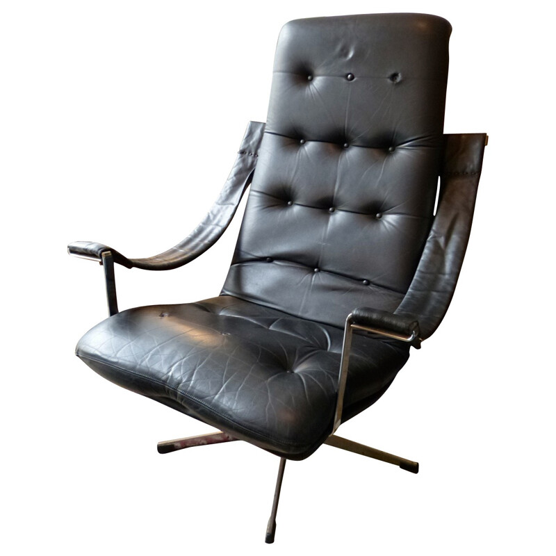 Vintage desk chair in black leather - 1970s