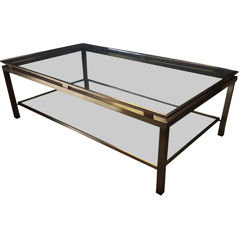 Brass Vintage coffee table with two glass shelves - 1970s