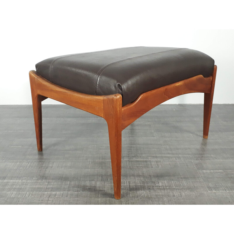 Vintage Scandinavian Leather and Teak Ottoman - 1960s