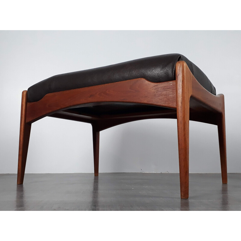 Vintage Scandinavian Leather and Teak Ottoman - 1960s