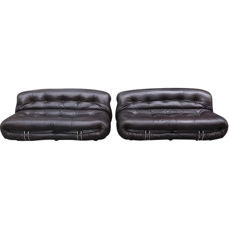 Vintage pair of "Soriana" sofa in chocolate leather by Afra & Tobia Scarpa for Cassina - 1970s