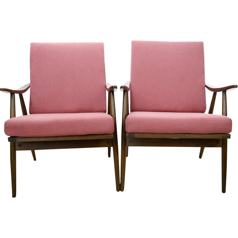 Vintage pair of pink armchairs by TON, Czechoslovakian - 1960s