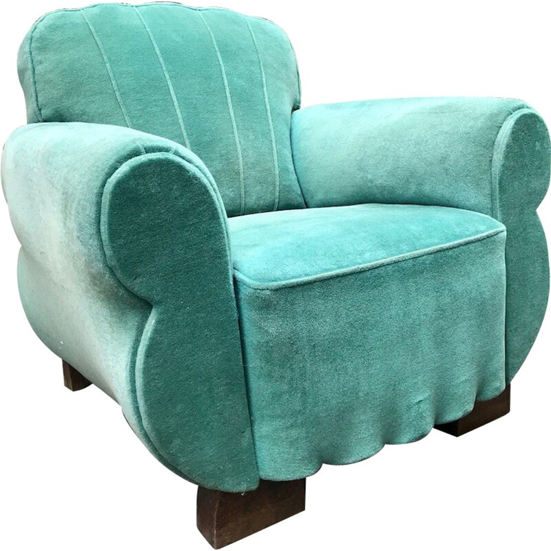 Vintage "Club" armchair in turquoise velvet - 1950s