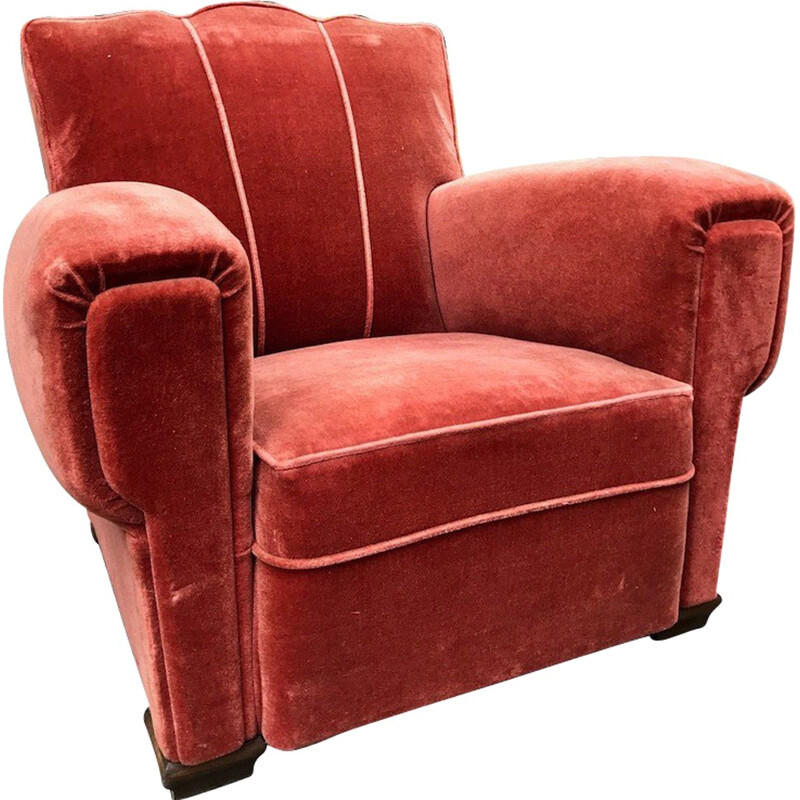 Vintage "Club" armchair in red coral velvet - 1950s
