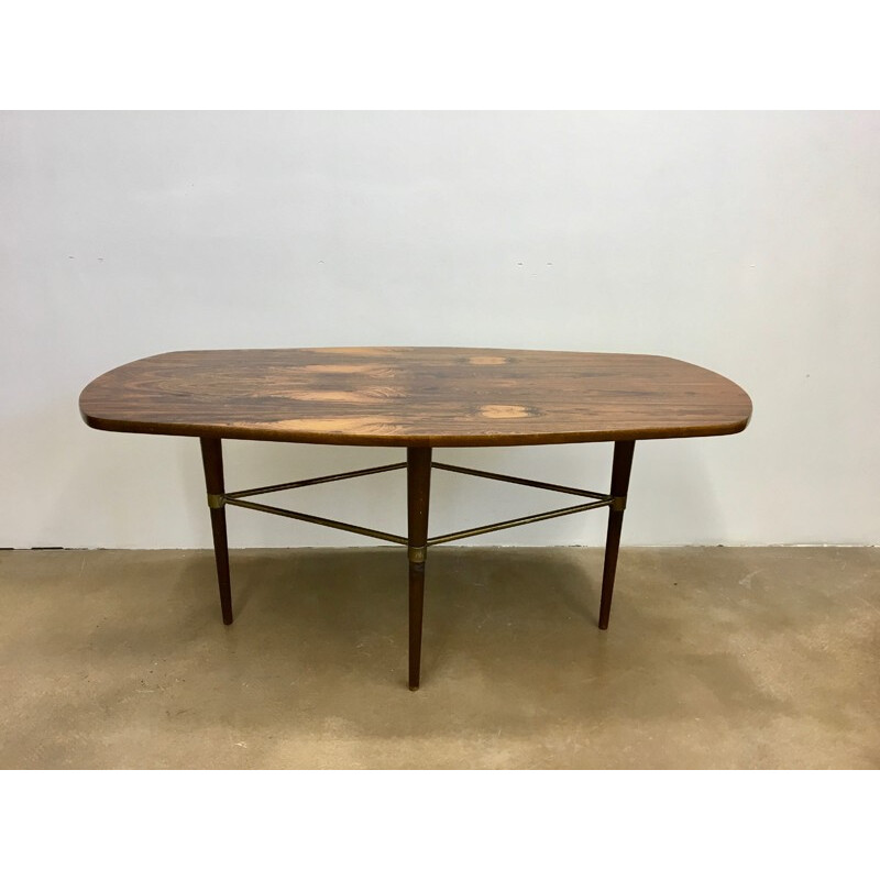 Vintage Swedish Coffee Table in Rosewood and Brass Details by Förenades Möbler - 1950s