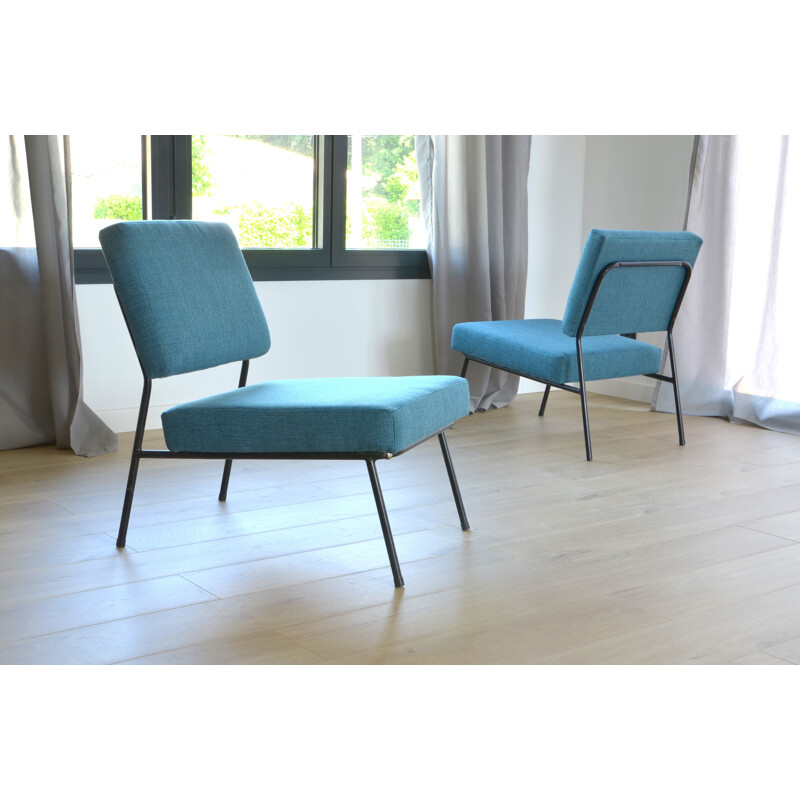 Set of 2 blue armchairs by Pierre Guariche for Airborne - 1960s
