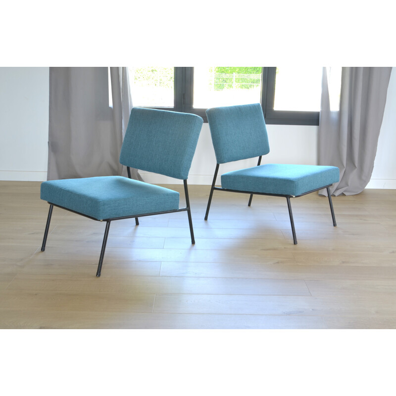 Set of 2 blue armchairs by Pierre Guariche for Airborne - 1960s