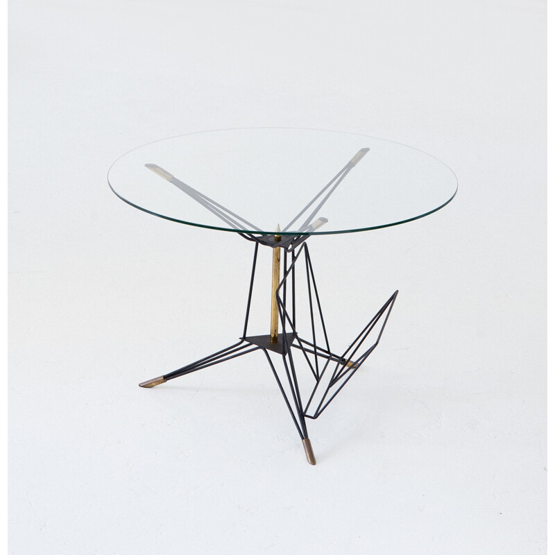 Vintage Italian modern round coffee table with iron and brass frame - 1950s