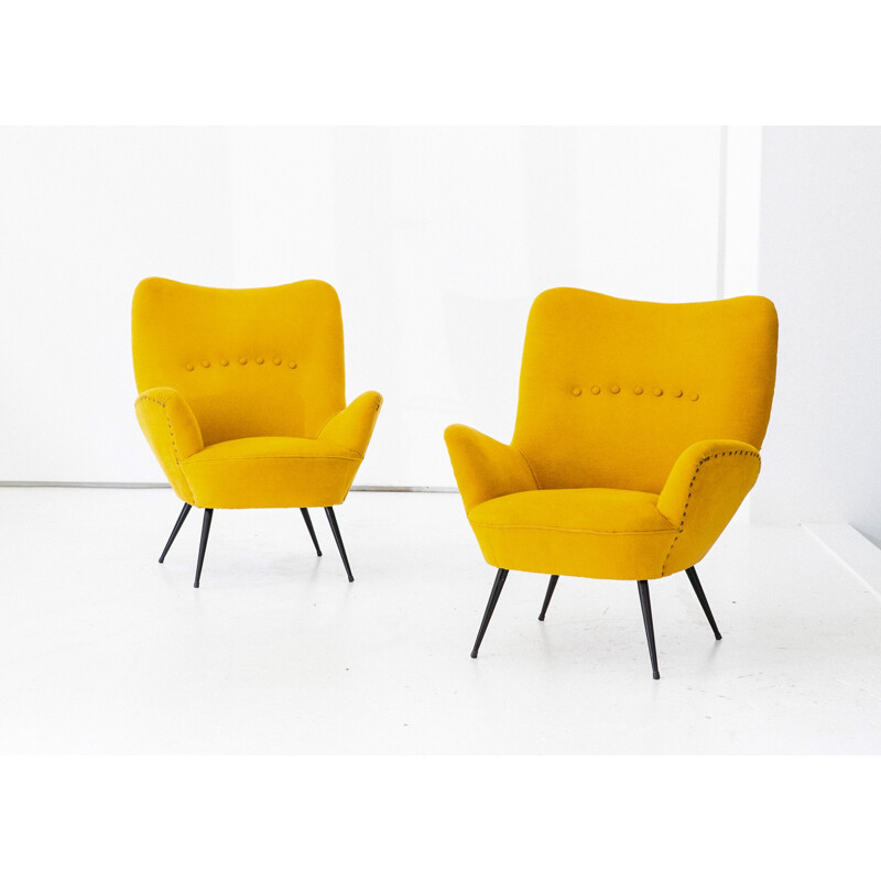 Vintage pair of Italian Senape yellow armchairs - 1950s