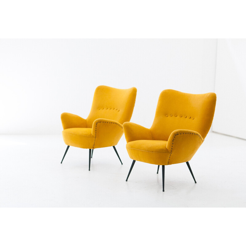 Vintage pair of Italian Senape yellow armchairs - 1950s