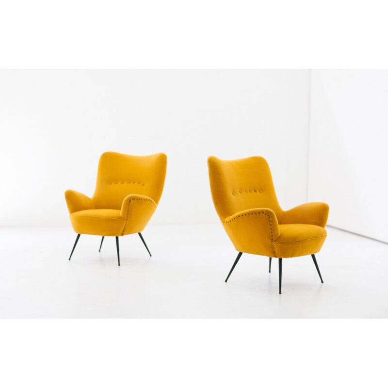 Vintage pair of Italian Senape yellow armchairs - 1950s