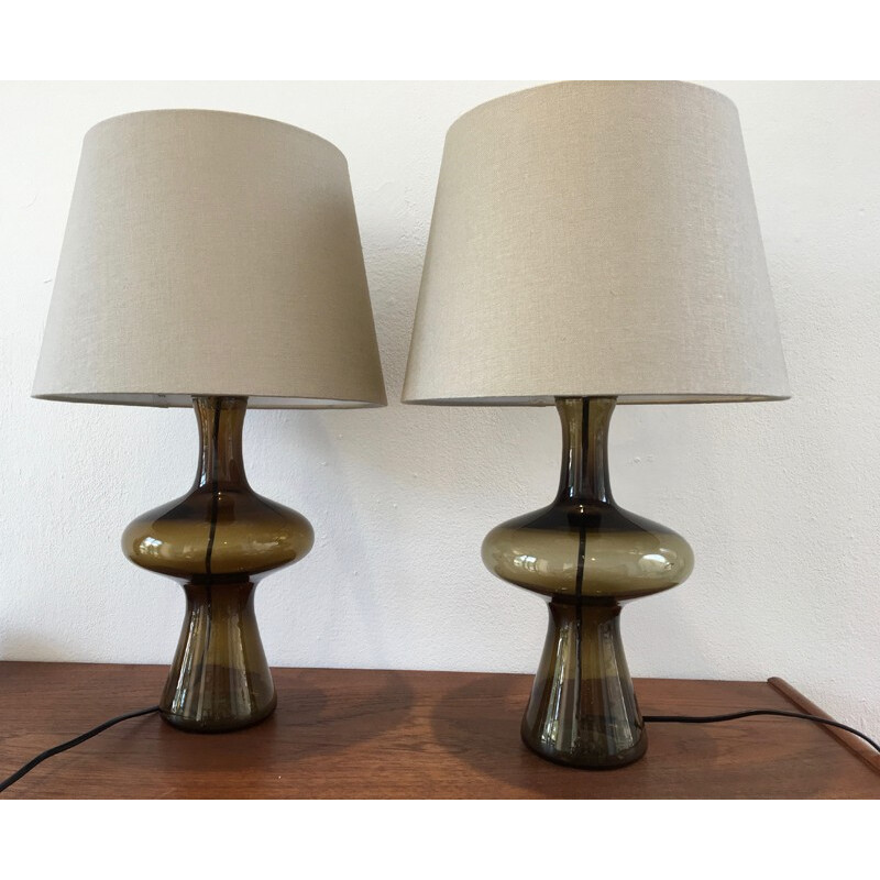 Vintage pair of green Danish glass lamps by Holmegaard - 1960s