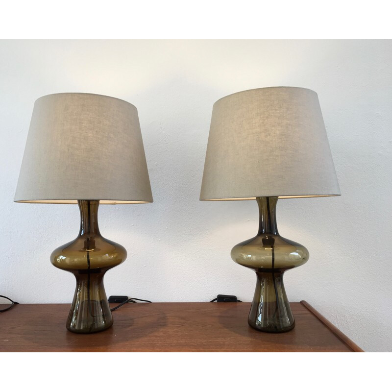 Vintage pair of green Danish glass lamps by Holmegaard - 1960s