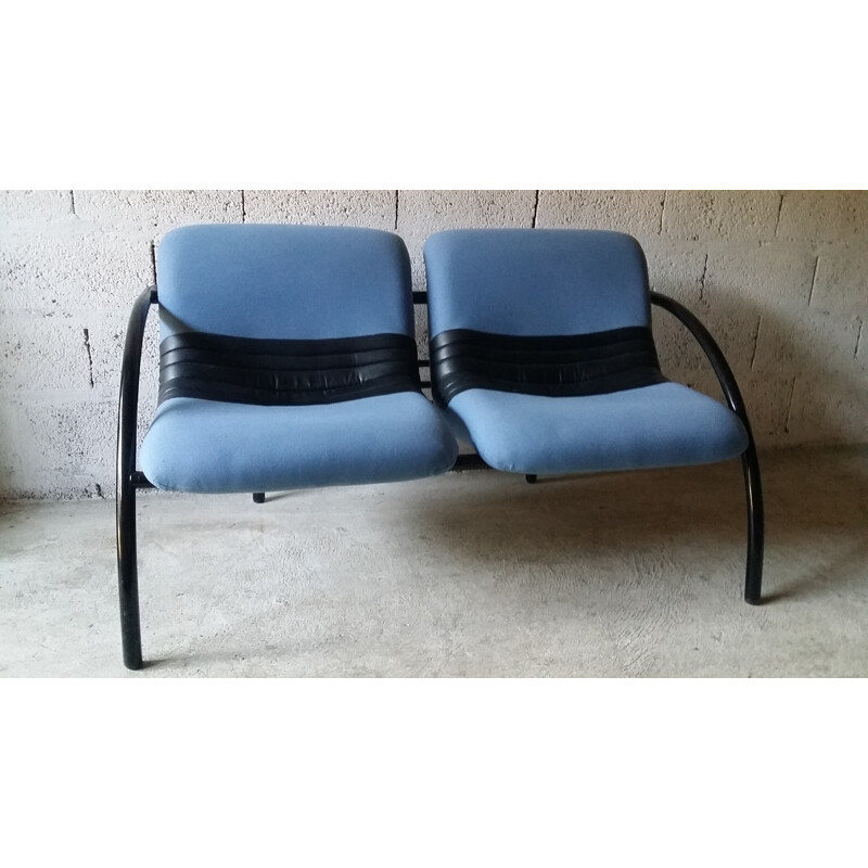 Sofá de 2 lugares em tecido azul e skai - 1990