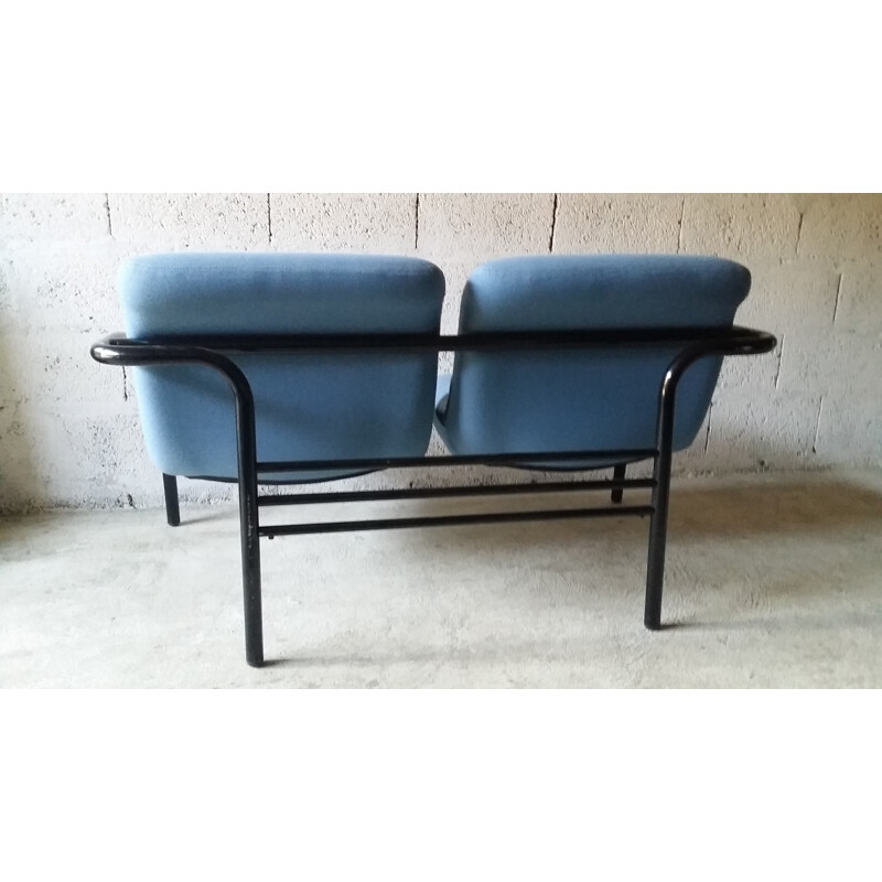 Vintage 2 seater sofa in blue fabric and black leatherette - 1980s