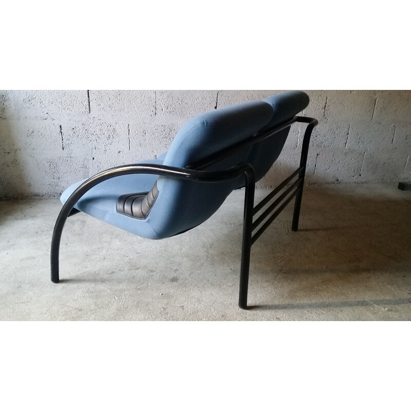 Vintage 2 seater sofa in blue fabric and black leatherette - 1980s