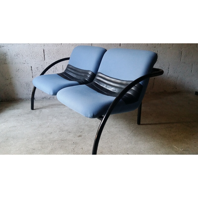 Vintage 2 seater sofa in blue fabric and black leatherette - 1980s