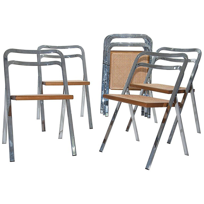 Vintage set of 8 chromed folding chairs in beech by Giorgio Cattelan for Cidue - 1970s