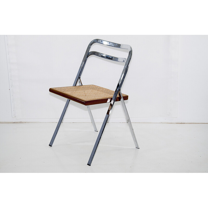 Vintage set of 8 chromed folding chairs in beech by Giorgio Cattelan for Cidue - 1970s