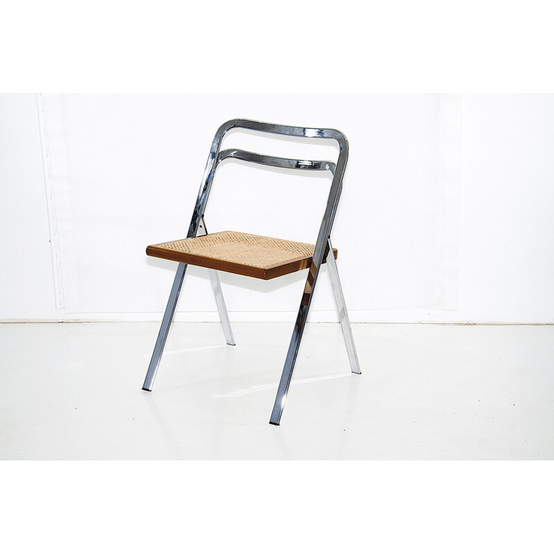 Vintage set of 8 chromed folding chairs in beech by Giorgio Cattelan for Cidue - 1970s