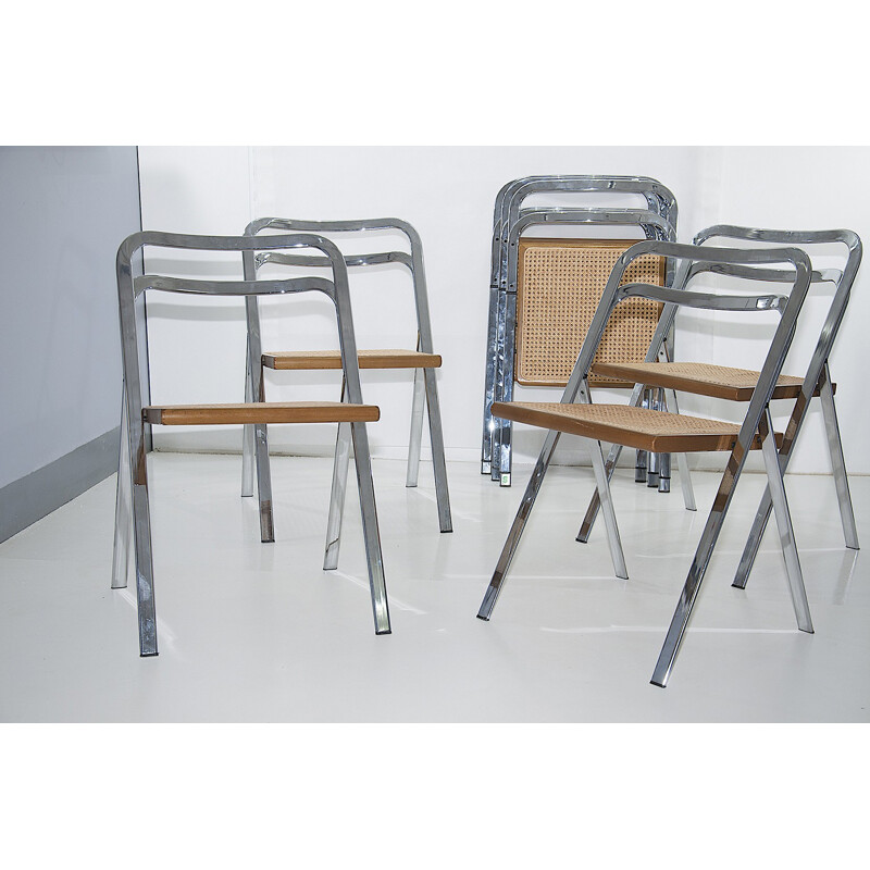 Vintage set of 8 chromed folding chairs in beech by Giorgio Cattelan for Cidue - 1970s