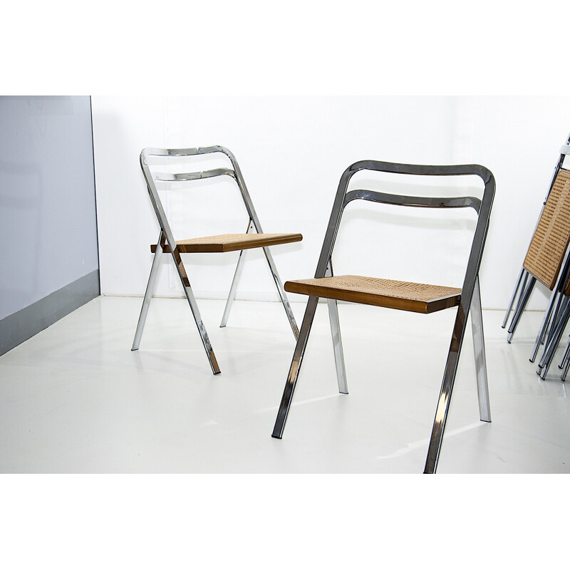 Suite de 8 chaises vintage pliantes chromées et en hêtre par Giorgio Cattelan pour Cidue - 1970