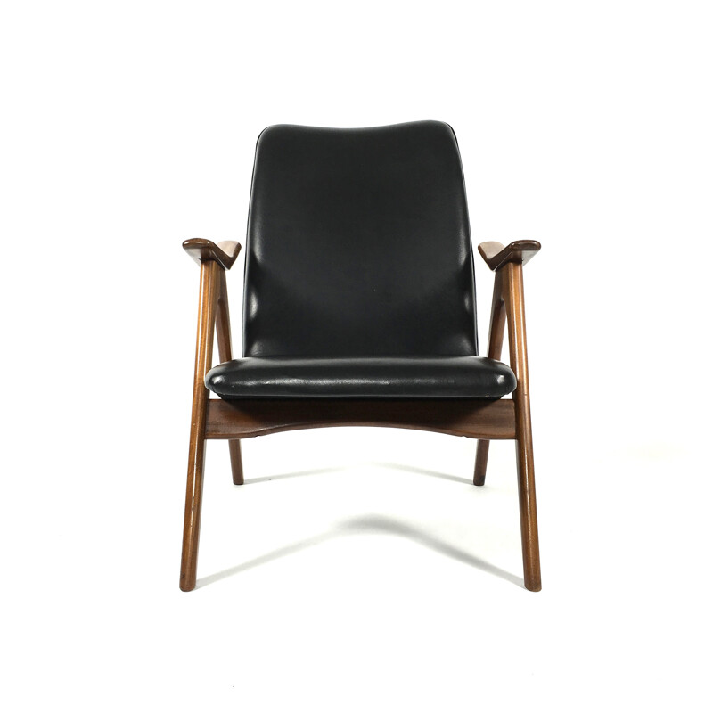 Vintage armchair in solid teak and black leatherette, Louis VAN TEEFFELEN - 1960s