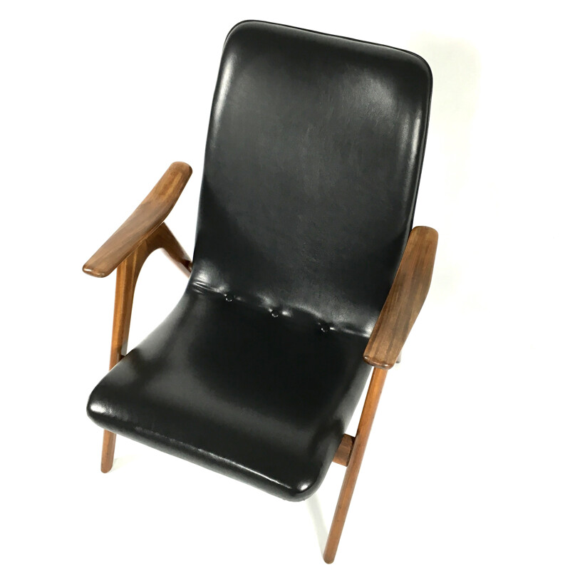 Vintage armchair in solid teak and black leatherette, Louis VAN TEEFFELEN - 1960s