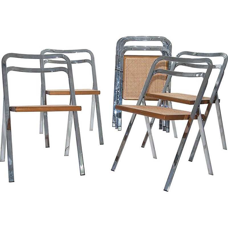 Vintage set of 8 chromed folding chairs in beech by Giorgio Cattelan for Cidue - 1970s