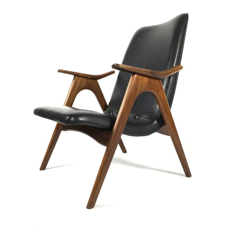 Fauteuil vintage en teck massif et simili cuir, Louis VAN TEEFFELEN - 1960