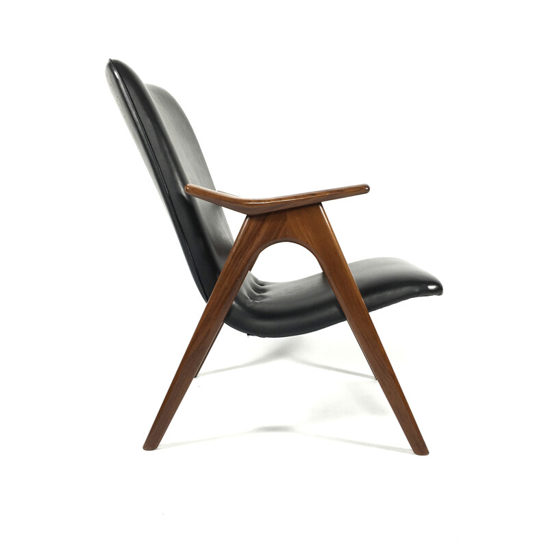 Vintage armchair in solid teak and black leatherette, Louis VAN TEEFFELEN - 1960s