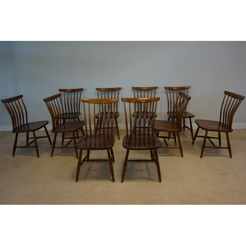 Lot de 10 chaises à repas scandinaves à dossier broche par Bengt Akerblom - 1950