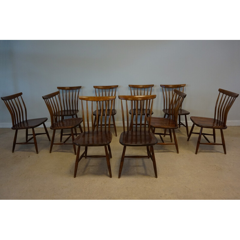 Vintage set of 10 Scandinavian Spindle Back Dining Chairs by Bengt Akerblom - 1970