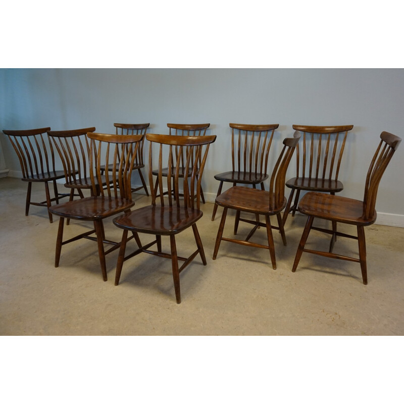 Vintage set of 10 Scandinavian Spindle Back Dining Chairs by Bengt Akerblom - 1970