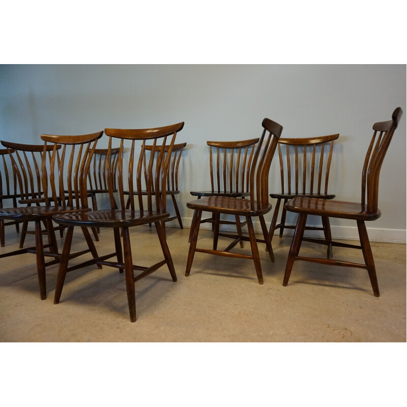 Vintage set of 10 Scandinavian Spindle Back Dining Chairs by Bengt Akerblom - 1970