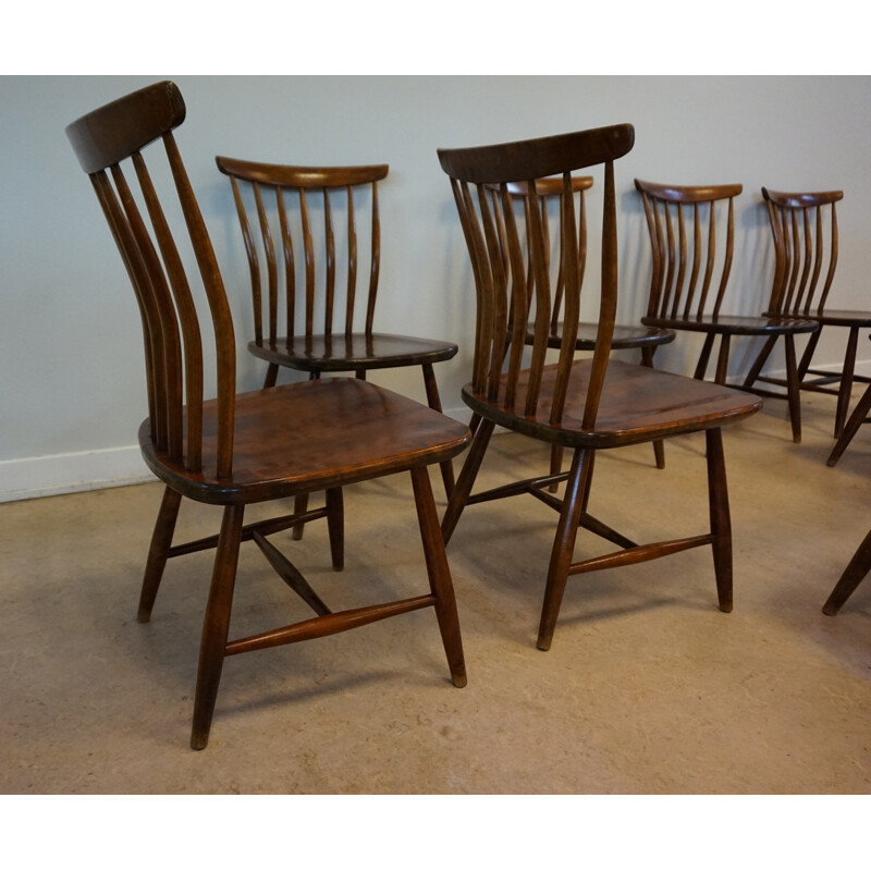 Vintage set of 10 Scandinavian Spindle Back Dining Chairs by Bengt Akerblom - 1970