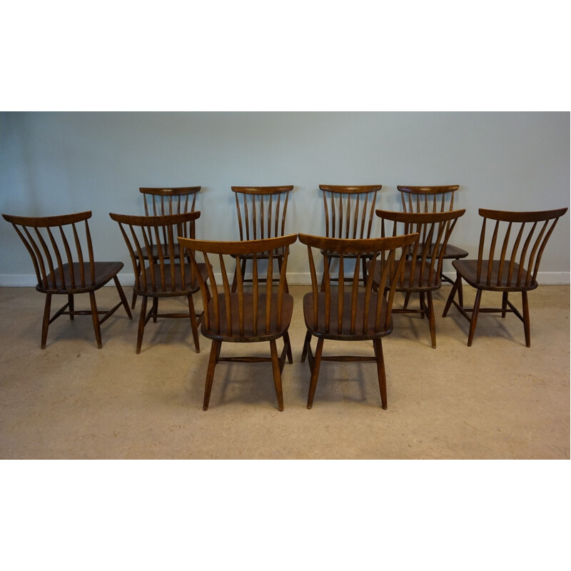 Vintage set of 10 Scandinavian Spindle Back Dining Chairs by Bengt Akerblom - 1970