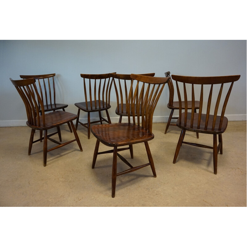 Vintage set of 10 Scandinavian Spindle Back Dining Chairs by Bengt Akerblom - 1970