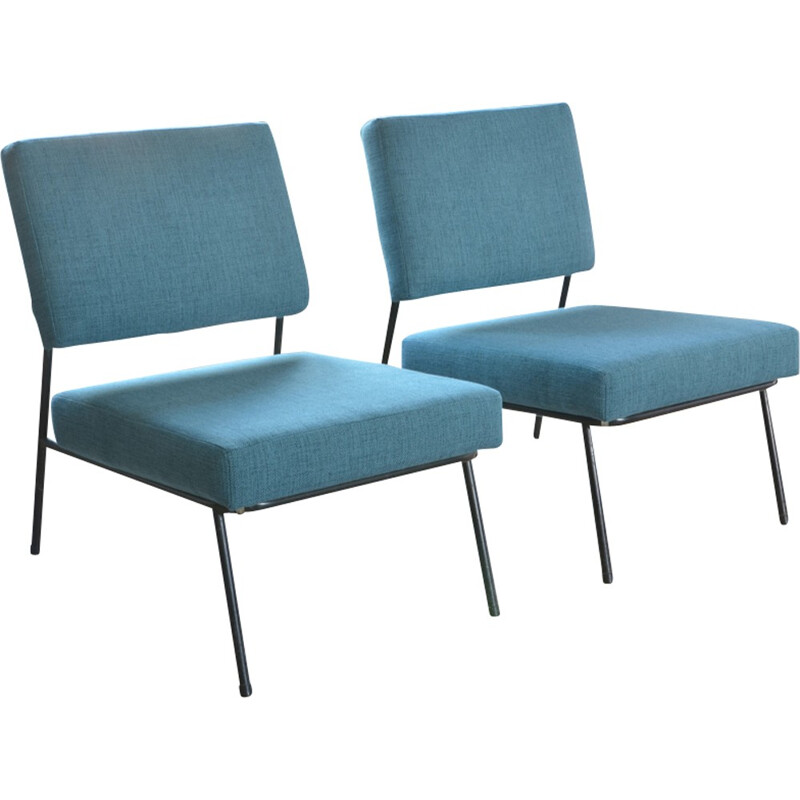 Set of 2 blue armchairs by Pierre Guariche for Airborne - 1960s