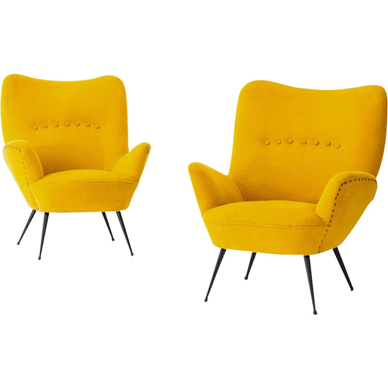 Vintage pair of Italian Senape yellow armchairs - 1950s