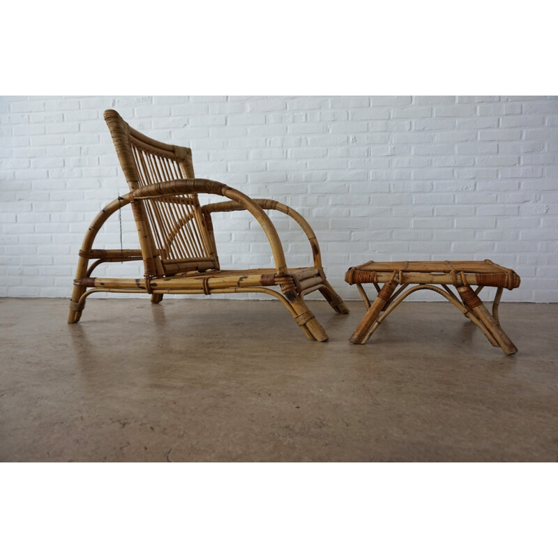 Vintage bamboo lounge chair armchair with stool - 1960s