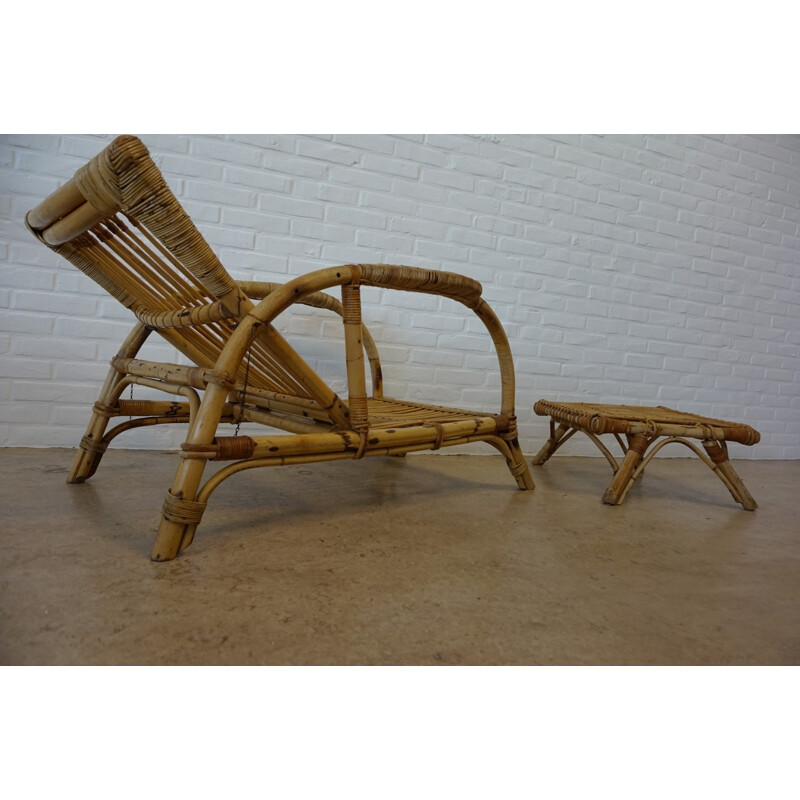Vintage bamboo lounge chair armchair with stool - 1960s