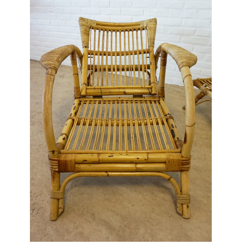 Vintage bamboo lounge chair armchair with stool - 1960s