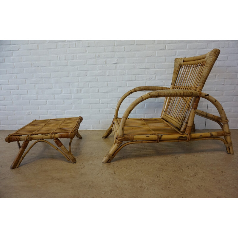 Vintage bamboo lounge chair armchair with stool - 1960s