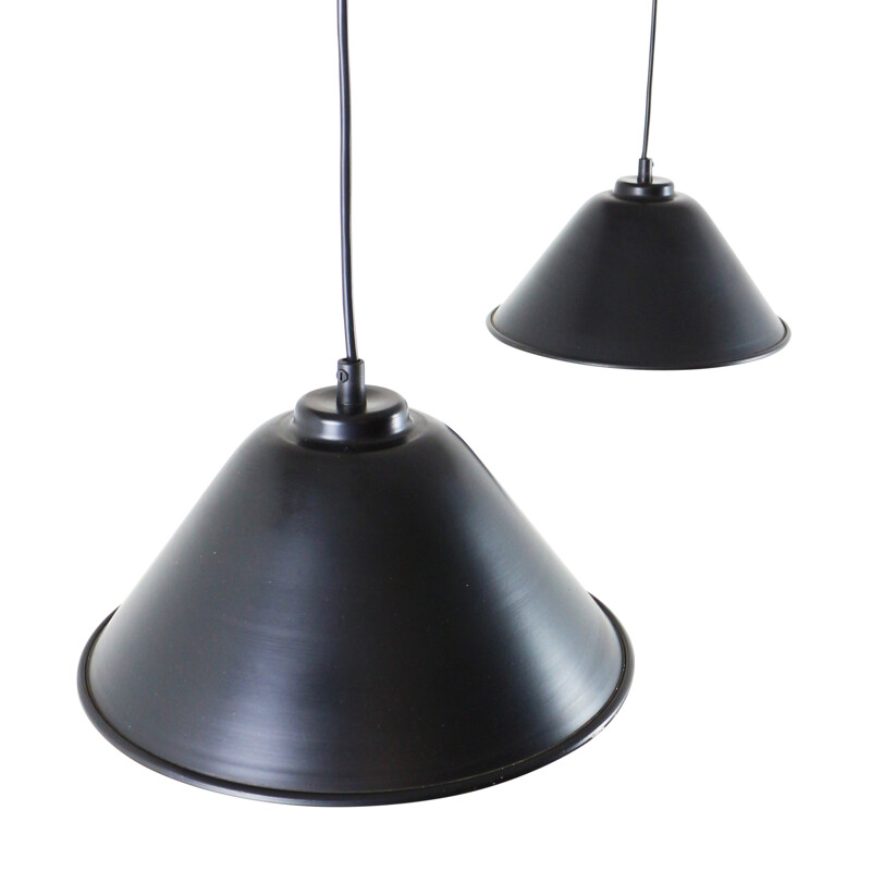 Pair of black metal pendant lights with white inner reflector - 1960s
