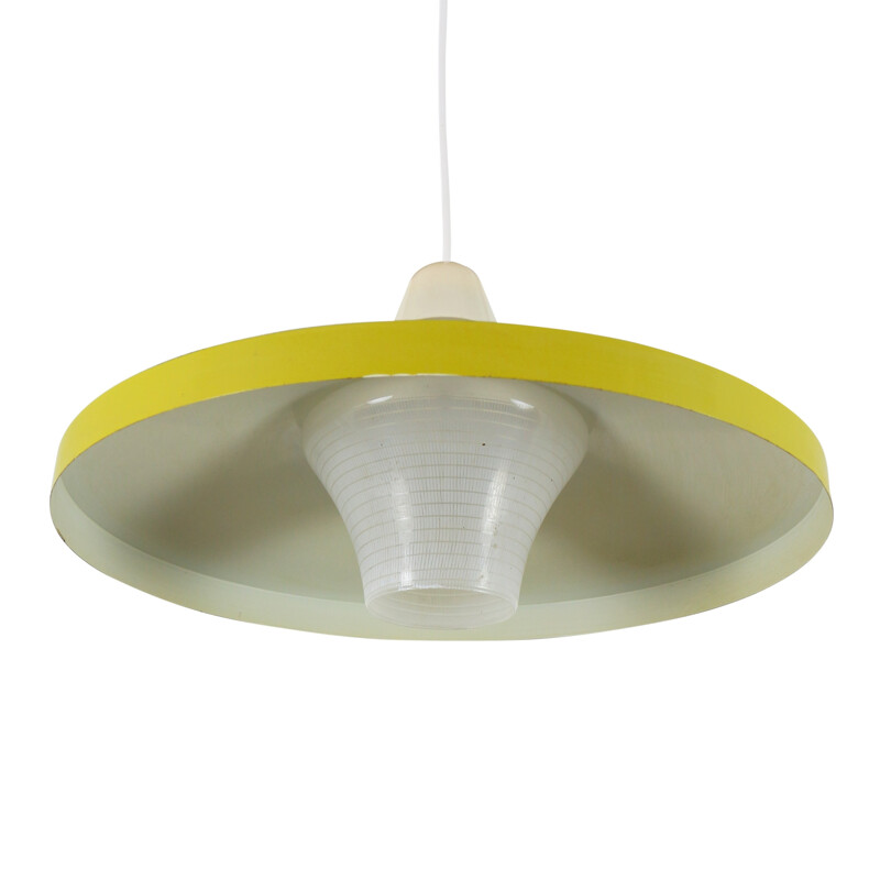 Bright yellow pendant light with patterned glass shade - 1960s