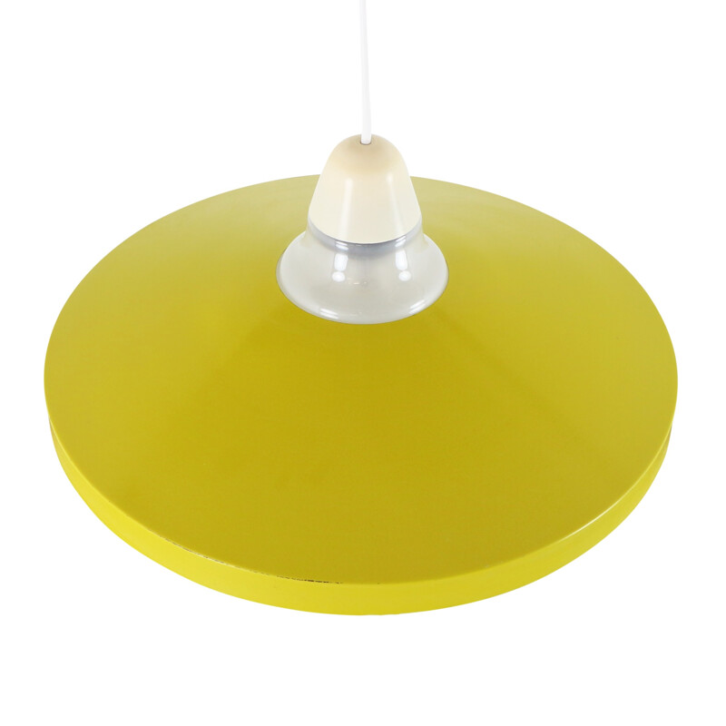 Bright yellow pendant light with patterned glass shade - 1960s
