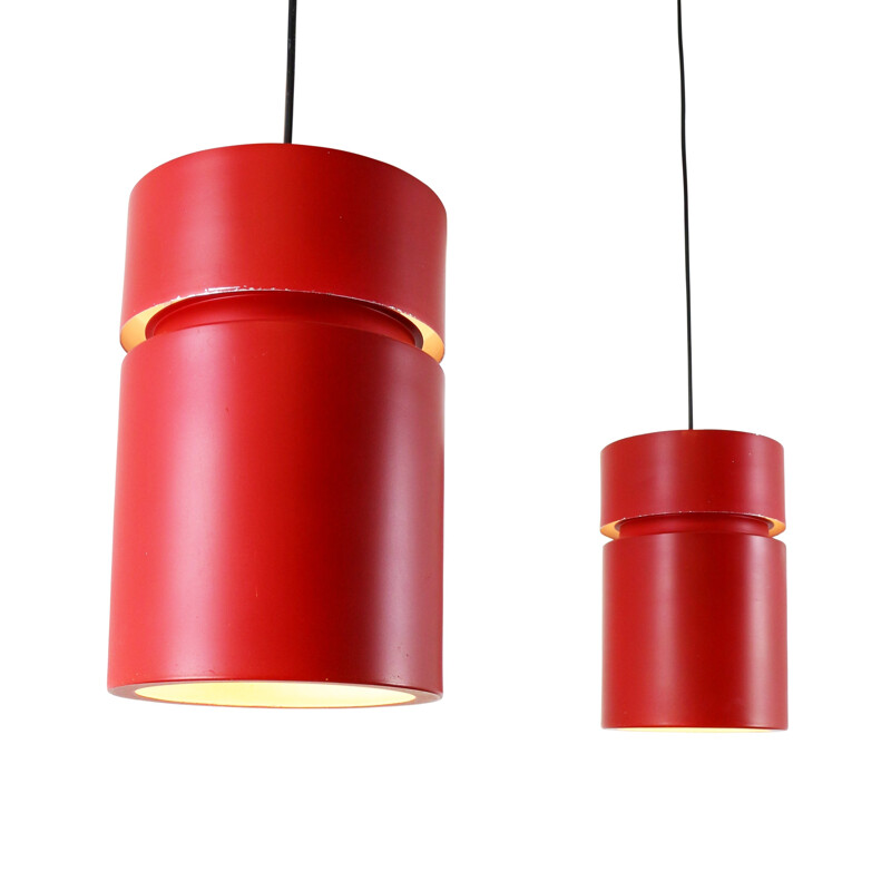 Set of 2 vintage pendant lamps in red metal - 1960s