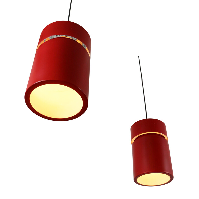 Set of 2 vintage pendant lamps in red metal - 1960s