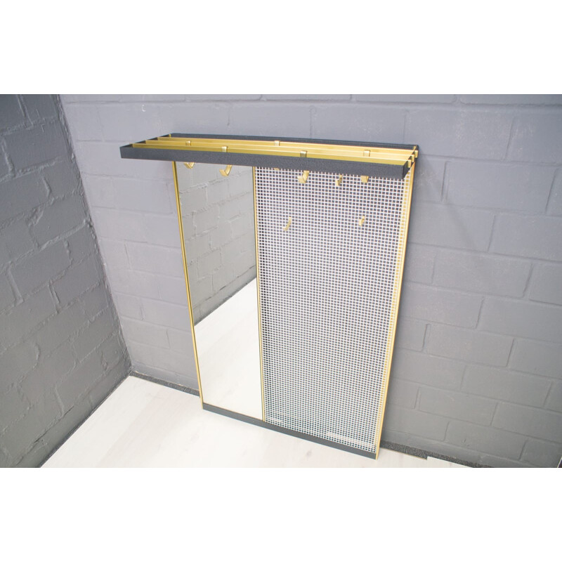 Metal Wall Coat Rack with Mirror and Brass Hooks - 1950s